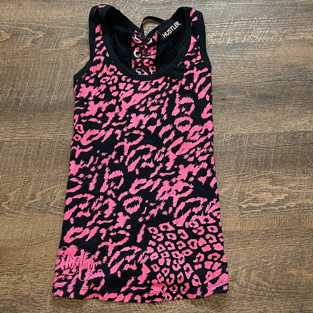 Hustler Hot Pink & Black Leopard Lace-Up Tank
